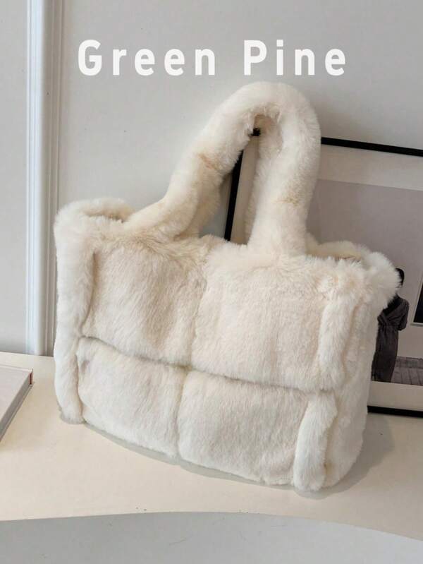 Autumn New Beige Large Capacity Plush Tote Bag, Fashion Simple Lady Student Daily Commute Shoulder Bag