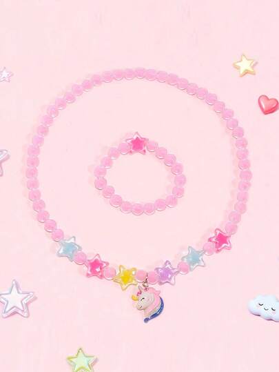 2pcs/Set Cute Unicorn Charm Beaded Jewelry Necklace & Bracelet Set For Girls, Suitable For Daily Wear, Birthday Party Gift