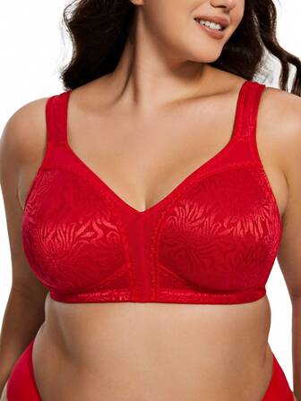 Wingslove Women's Christmas Plus Size Wireless Bra, Floral Jacquard Comfortable Trending Lingerie For Curvy Figures