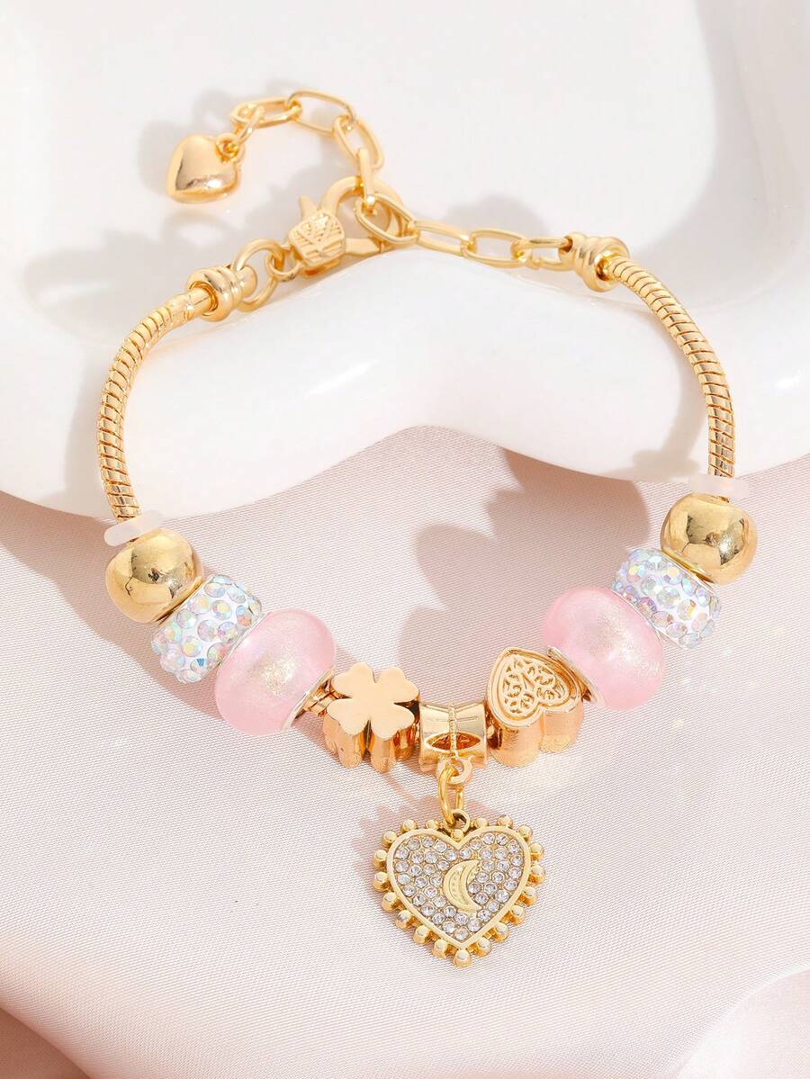 Women's DIY Beaded Bracelet, Girly Style Holiday Gift, Moon Beauty, Sun & Moon, Heart Pendant, Starry Hanging Decor, Rhinestone Heart Shape, Fits All Wrist Sizes, Adjustable