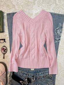 Women's Off-Shoulder Long Sleeve Pullover Sweater, Y2K Gothic Style, Sexy Apparel, Off-Shoulder Top, Versatile Soft Pink Casual Knit Sweater, Country Music Festival Outfit, Women's Music Festival Outfit, Off-Shoulder Sweater, Christmas Sweater Spring - Pink - View 4