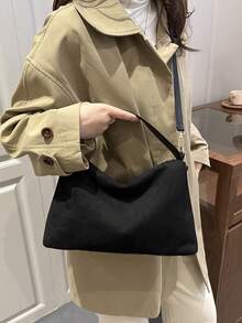 1 件女士新款新月手提包，时尚简约绒面革托特包，适合秋冬约会、送礼、通勤、购物 - 黑色 - 查看 10