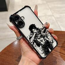 Un estuche de teléfono de diseño de bocetos negros elegantes y lujosos para personajes masculinos de anime populares, compatible con modelos de  16, 16E, 15, 14, 13, 12 Mini, 11 Pro Max, X, XR, XS Max, 8, 7 y Plus, con un borde negro y un respaldo transparente para caídas. - Negro - Ver 1