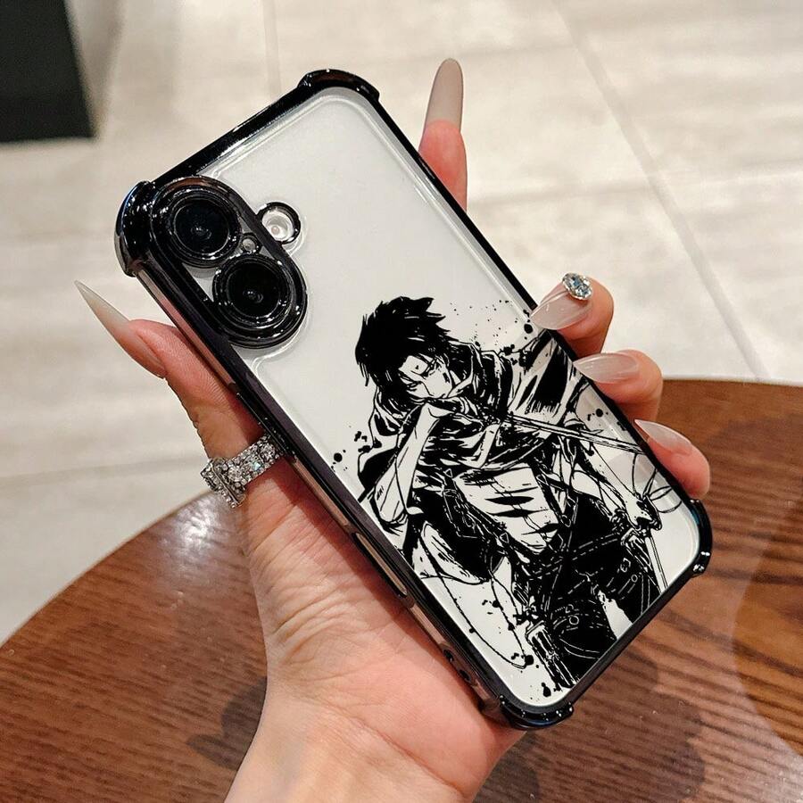 Un estuche de teléfono de diseño de bocetos negros elegantes y lujosos para personajes masculinos de anime populares, compatible con modelos de  16, 16E, 15, 14, 13, 12 Mini, 11 Pro Max, X, XR, XS Max, 8, 7 y Plus, con un borde negro y un respaldo transparente para caídas. - Negro - Ver 1