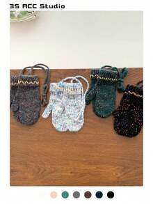 1双彩色圆点棕色针织手套，时尚纯色针织露指手套，适合女士，秋冬保暖百搭，适合学生，复古风格，加厚防风，适合骑行