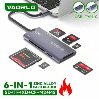 VAORLO Lector multifuncional 6 en 1 USB2.0/TIPO-C compatible con adaptador de tarjeta de memoria SD/XD/CF/M2 para cámaras y computadoras, transferencia de datos de alta velocidad