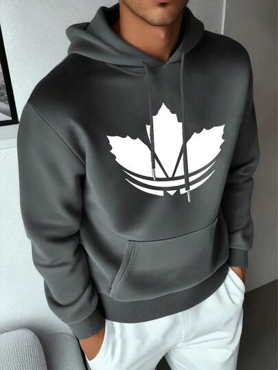 男士新款休闲抽绳卫衣，简约枫叶印花，保暖舒适，适合与朋友、团队、俱乐部外出、冬季户外旅行、日常休闲和健身穿着，轻便运动套头衫，百搭抽绳卫衣