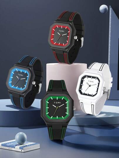 TOMI 1pc Square Silicone Strap Watch, Minimalist Vintage Quartz Horloge Life, Holidays, s, Back To School, Halloween, All Zwart