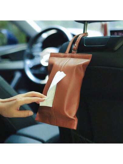 1pc PU Leather Car Tissue Box Holder, Car Necessity, Tissue Box Dispenser, Armrest Box Tissue Holder, Waterproof Bathroom Hanging Tissue Dispenser, Refillable, Elegant Minimalist Storage Box, Compatible With Various Tissues