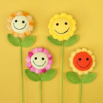 1pc Handmade Crochet Sunflower With Smiling Face, Gradient Color Artificial Flower Branch, Everlasting Flower Gift Suitable For Birthday, Housewarming, Desktop Decor, Best Friend Gift, Healing Handcraft