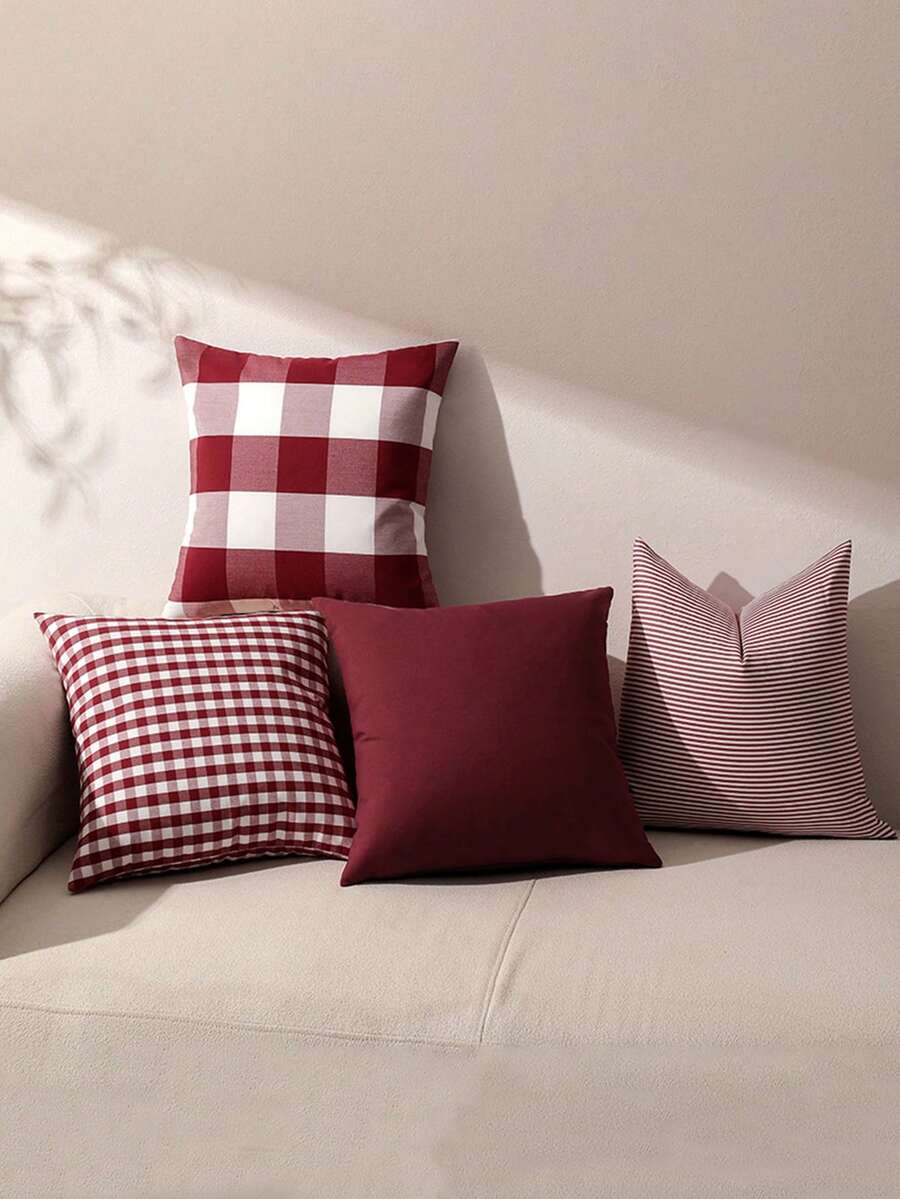 1pc/4pcs Red Plaid Pattern Printed Throw Pillow Cover, Home Decor Sofa Cushion Cover, Bedroom Headrest Pillow Sham, Car Seat Lumbar Cushion Cover, Room Decor - Multicolor - View 1