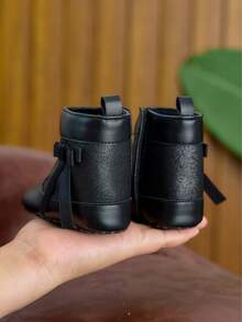 0-1 Year Old Baby Girls Soft Sole High Top Boots, Fashion Bow Decor Toddler Walking Shoes, Solid Color Side Hook And Loop Closure, For Indoor & Outdoor Wear, Autumn/Winter - Black - View 6