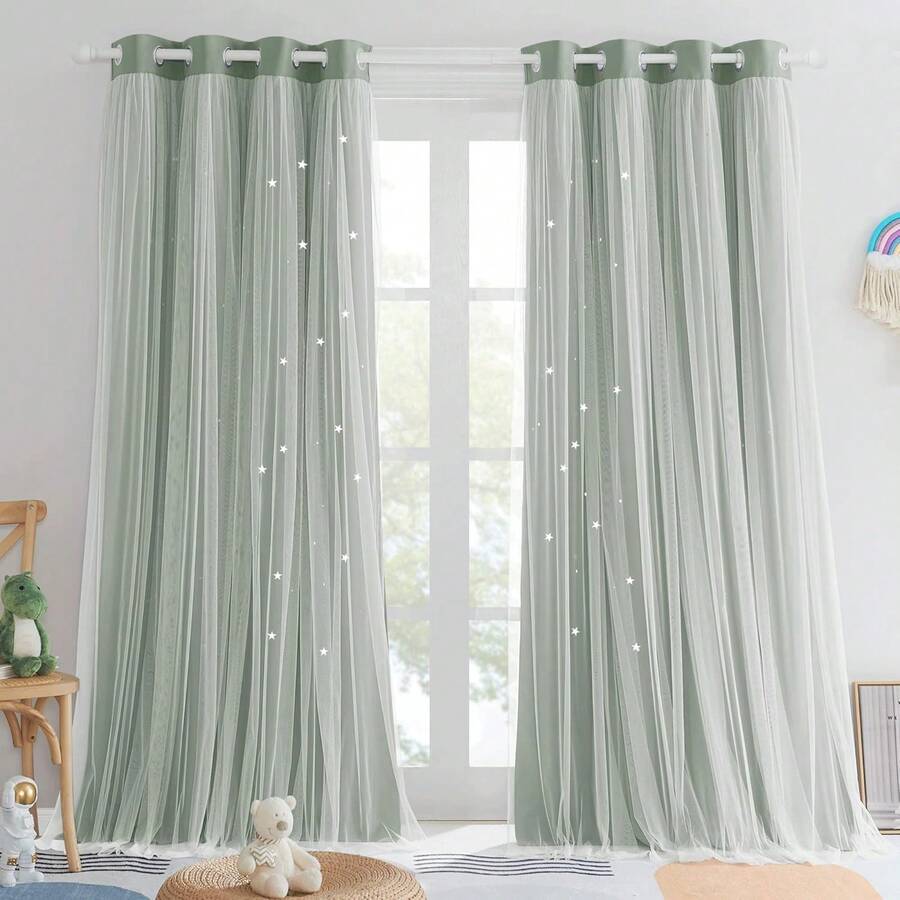 2-Pack Romantic Blackout Star-Shaped Openwork Double-Layer Rod-Pocket Curtain Set - 39.37*78.74in Modern French-Style Curtains For Home, Hotel, Cottage, Living Room, Bedroom Decor, 100% Polyester, High Blackout Rate (70-90%) - màu xanh lá - Xem 1