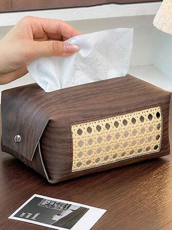 Walnut Rattan Tissue Box Cover - Mid-Century & Modern Farmhouse Style, Wood Grain Decorative Tissue Holder Fits Most Sizes, For Bathroom, Countertop, Bedroom & Office