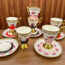 Ceramic Espresso Cup Saucer Set Christmas Gifts,100ml/ 3.38oz Luxury Floral Gold Border Pattern Pink Red Black,Cappuccino Latte Cup, Middle Eastern Tea Cup Latte Espresso And Plate Elegant Home Decor, Latte And Mocha, Suitable For Women's Birthday Parties