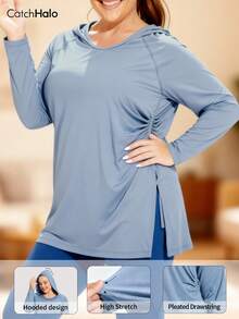 Plus Size Blue Long Sleeve Pleated Drawstring Loose Hooded Sweatshirt, Suitable For Full-Figured Women, Ideal For Fitness, Tennis, Outdoor Sports And Casual Running In Autumn/Winter - Dusty Blue - View 2