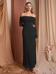 PARTHEA Elegant Party Solid Color Off Shoulder Mesh Maxi Dress - Black - View 5