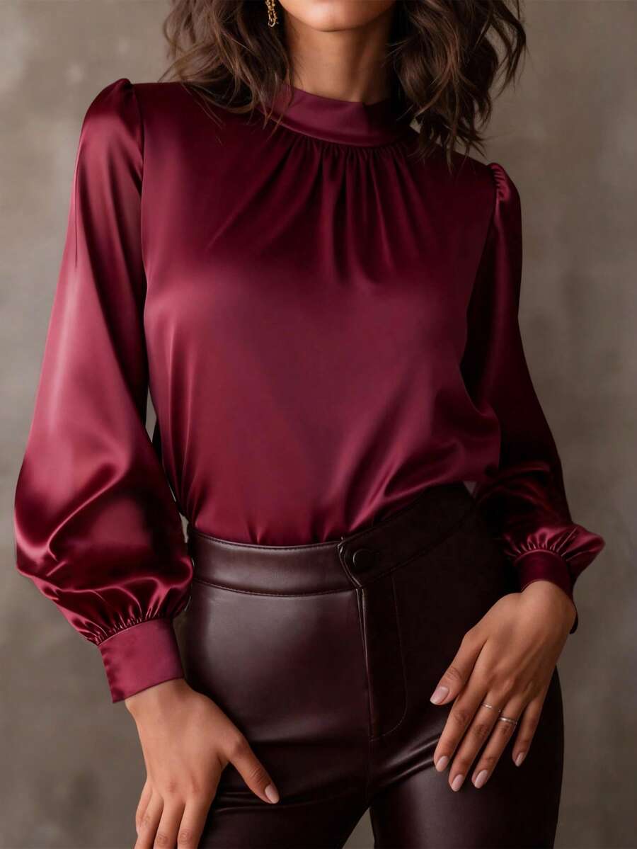 Women's Elegant Burgundy Satin Blouse - Fashionable Turtleneck Long Sleeve Silky Top, Suitable For Party And Office Wear - Wine Red - View 1