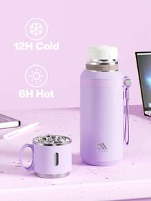 Meoky 20盎司不锈钢轻便保温水瓶，带盖和绳索提手，适合户外活动、骑行、徒步旅行、办公室或家庭使用，多用途保温水瓶，可盛装各种饮料。 - 紫色 - 查看 6