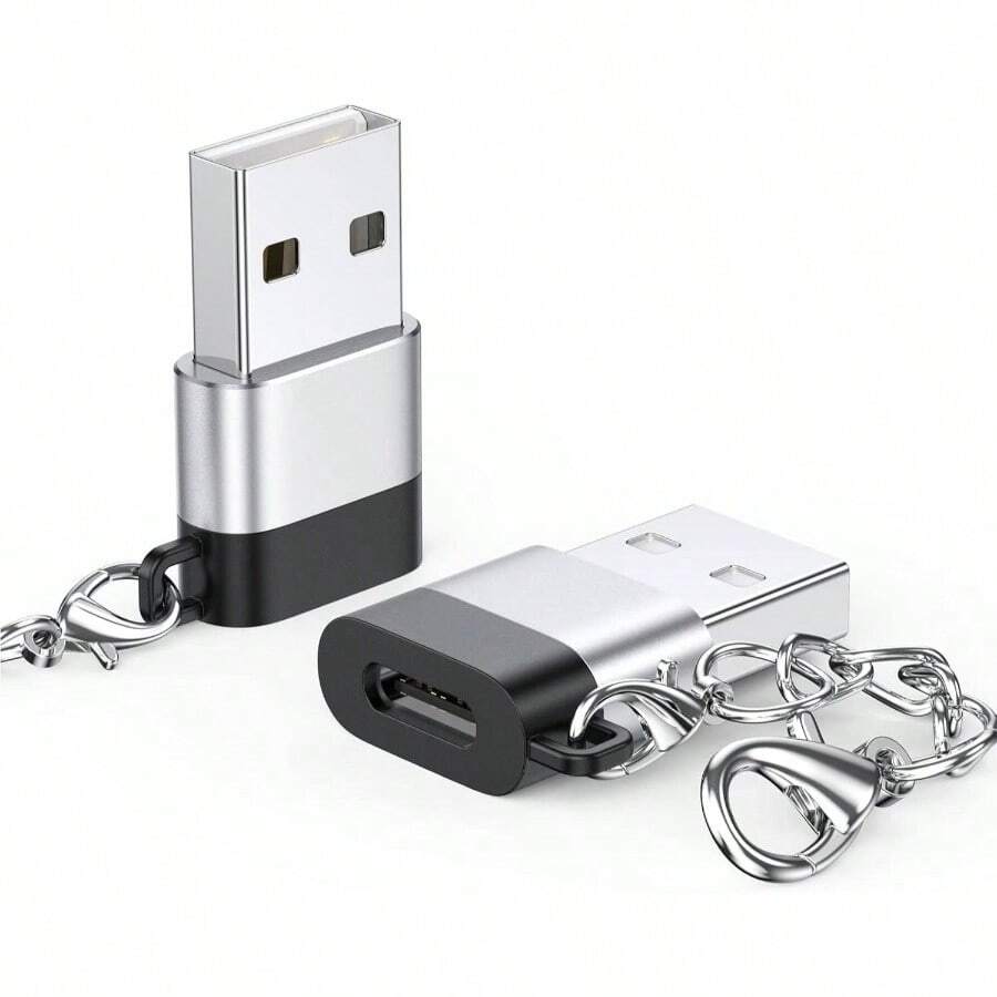C Female To Male Adapter 2 Pack, 2.0 18W Charging 480Mbps Data Transfer Sync Converter With Keychain, USBC Type C Connector Laptop Car Headphone Computer Hub Etc. - 2 + 銀色+黑色 - 查看 1