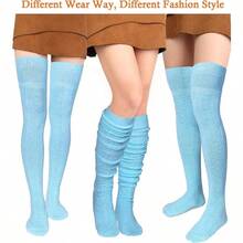 Women Thigh High Socks Long Cotton Knit Warm Thick Tall Long Boot Stockings Leg Warmers - One Size + Baby Blue - View 3