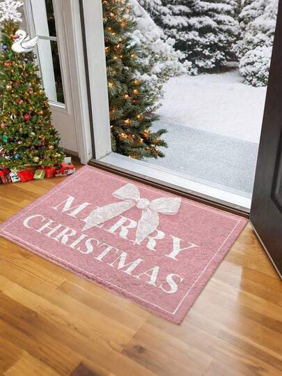1 Piece Of Merry Christmas! Pink Background With White Bow Pattern Non-Slip Mat, Made Of Artificial, With Plush Decoration, Bathroom Mat (Carpet), Door Mat, Daily/Christmas Decoration, Can Be Used As A Gift, Add A Warm Atmosphere To Christmas