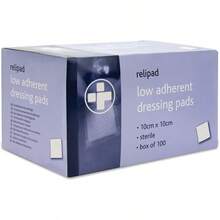 Relipad First Aid Sterile Dressing LowAdherent Absorbent Dressing Pads For Minor Abrasions Lacerations And Wounds 10 Cm X 10 Cm Pack Of 100