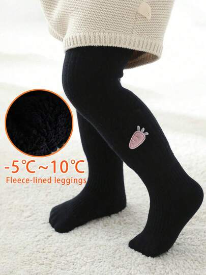 1pc Kids Cute Carrot Decor Solid Color Ribbed Leggings, Thermal Lined Thick Tights, Warm For Everyday And Holidays, Autumn/Winter