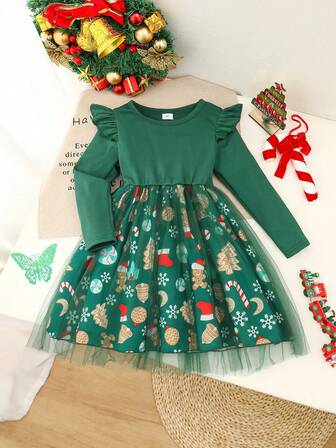 1 pieza Vestido casual de niña con unicolor + estampado navideño, diseño de retazos aleatorios de malla de manga larga, para Navidad, otoño/invierno al aire libre