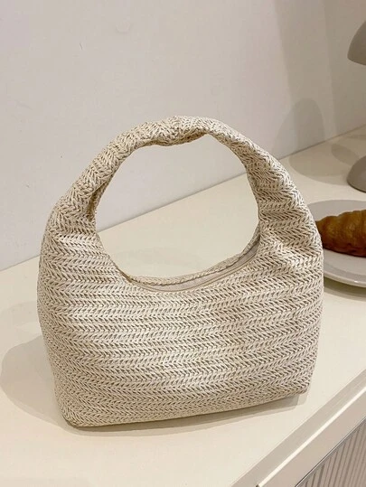 1个米色编织优雅简约舒适手提透气轻便新月形托特包，适合女性工作、日常生活、通勤、社交聚会、户外购物，可装手机、钱包、口红、钥匙、纸巾等物品，时尚百搭。