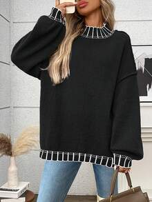 大码休闲圆领条纹撞色针织套头衫