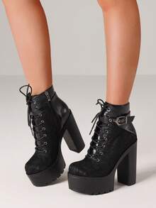 Y2K Goth Platform Ankle Boots For Women Fashion Block Chunky High Heels Punk Buckle Lace-Up Side Zipper Party Cosplay Boots Woman - màu đen - Xem 3