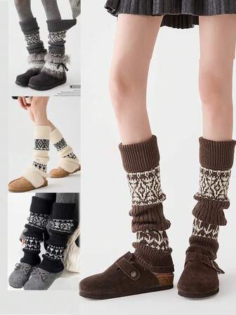 1 Pair Vintage Fair Isle Cozy Leg Warmers, Thick Wool Blend, Suitable For Autumn/Winter, Layering Under Boots Or Leg Warmers