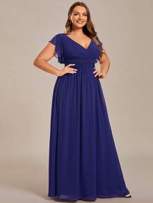 EVERPRETTY Vestido de dama de honor de boda con cuello en V, unicolor, cintura alta, sin mangas, plisado, azul, para fiesta de boda, atuendo de invitado de boda de primavera/verano - azul real - Ver 4