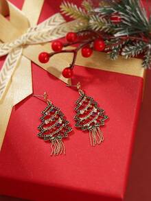 1Pair Festive Golden Metal Christmas Tree Dangle Earrings With Multi-Color Rhinestone Tassels, Women's Holiday Party Jewelry - Colorful - View 3