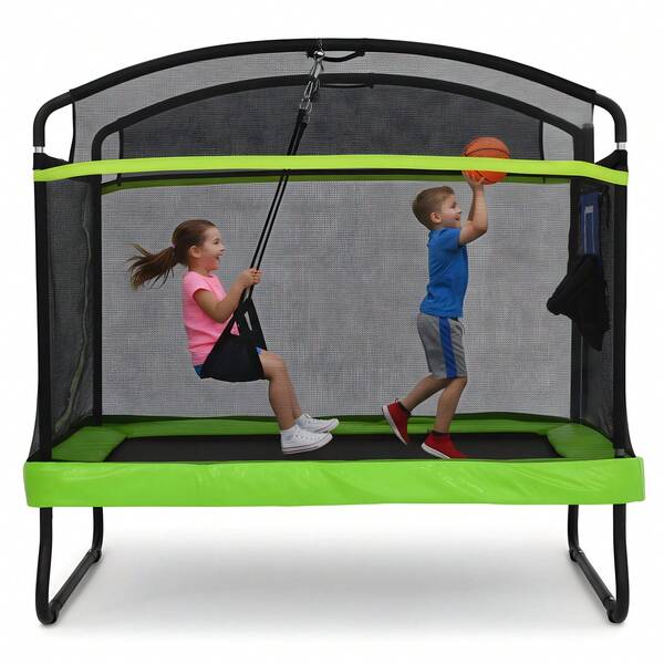 Advwin Advwin Trampoline For Kids With Basketball Hoop & Swing, Recreational Outdoor Backyard Trampoline For Children Birthday Gifts W/Enclosure Net, Max Limit 150 Kg, Green