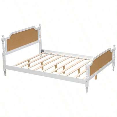 Traditional Style Rattan Queen Size Bed Frame No Box Spring Needed Antique White
