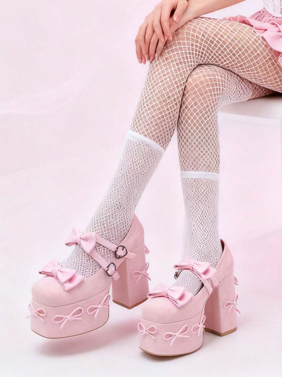 Sweet Gothic Women Mary Jane Pumps Bowknot Chunky High Heel Buckle Platform Fashion Sweet Lolita Cute Cosplay Girls Shoes - 粉色 - 查看 1