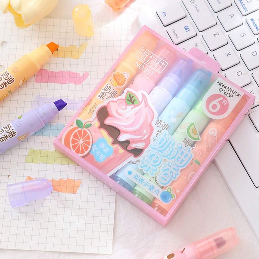 6支/套 水果香味可爱荧光笔 多种颜色 速干 标记 美术办公用品 卡哇伊文具 - 均碼 - 查看 1