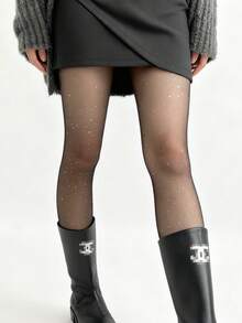 女士性感闪亮亮片长筒袜 | 适合派对、圣诞节、夜间外出的闪亮紧身裤 - 黑色 - 查看 9