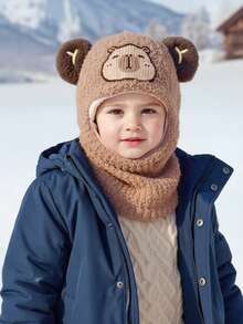 1pc Toddler Boys' Bear Ear Hooded Hat, Thermal Lined, Baby Hat With Scarf, Balaclava, Knitted Beanie, Warm Cap - 1PC Kapibala Series - View 6
