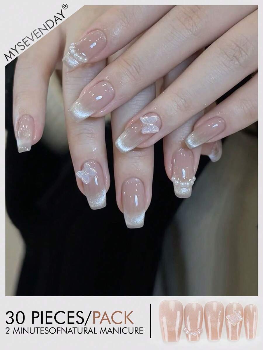 30pcs Short Ballet-Style Nail Stickers/Short Nail Decorations, Featuring Delicate 3D Butterflies And Pearls/Perfect Fitting Acrylic Fake Nails Set, Includes 1 Gel Polish And 1 Nail File, Suitable For Women's Daily Work, Study And Gatherings In Autumn/Winter. This Nail Product Is Also Suitable For Parties, Festivals And Everyday Use.
