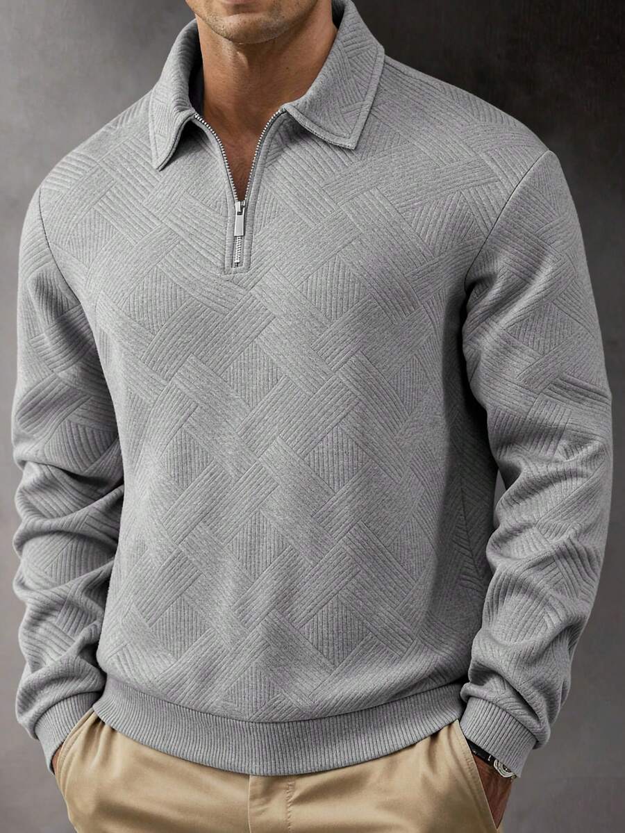 男士春秋季休闲 Polo 衫，翻领拉链设计 | 人字纹提花针织，涤纶面料，卫衣版型，度假及日常休闲穿着必备，送给男友的绝佳礼物（注：欧美尺码偏大，请根据您的体型选择小一码） - 灰色 - 查看 1