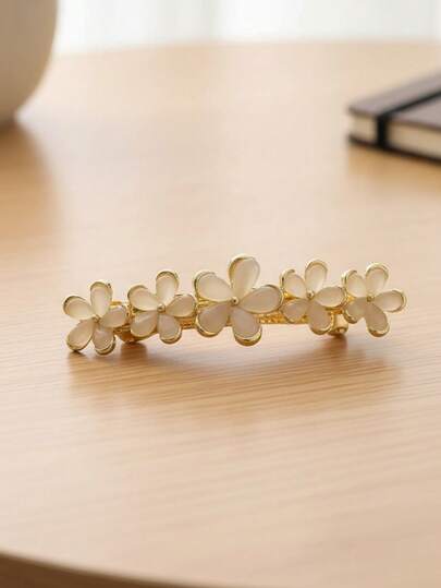 Women's Hair Accessories Faux Cat Eye Stone Flower Bow Elastic Hair Clips, Solid Color Flower Print Boho Zinc Alloy