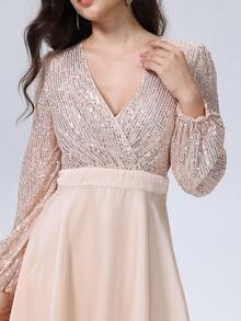 D&M 女士华丽亮片撞色网纱交叉长袖A字连衣裙