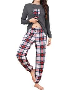 ¡RecomendadoConjunto de Pijama Mujer Algodón Manga Larga y Pantalones con Bolsillo 2 Piezas Pijama Bordar Casual Ropa de Dormir¡Top de Temporada - Gris - Ver 11