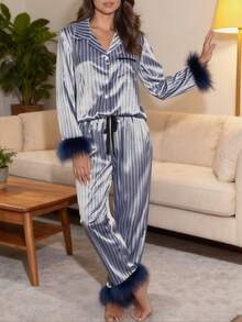 Women's Satin Striped Pajama Set With Feather Trim - Luxury Long Sleeve Top  Pants Loungewear - 藍色 - 查看 3