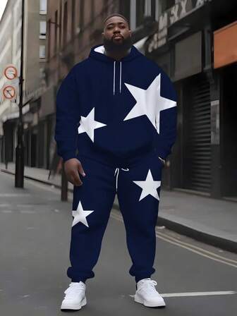 加大码男士海军蓝白星形印花街头风连帽衫套装，宽松修身两件套，适合高个男士