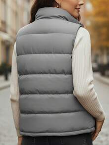 女士羽绒背心无袖拉链外套，秋冬季休闲叠穿外套 - 淺灰色 - 查看 4