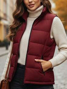 Women's Puffer Vest Sleeveless Jacket Zip Up, Casual Layered Outerwear For Autumn/Winter - Burgundy - View 9